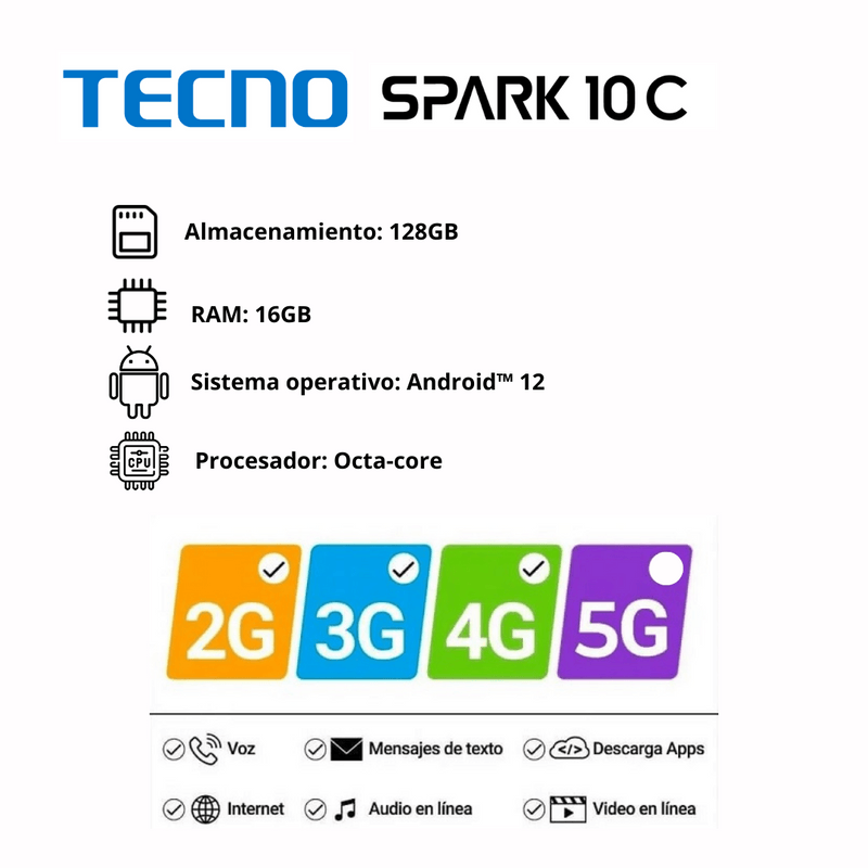 Celular Smartphone Tecno Spark 10C 6.56” 8GB 128GB Naranja Magic Skin Orange- Nuevo