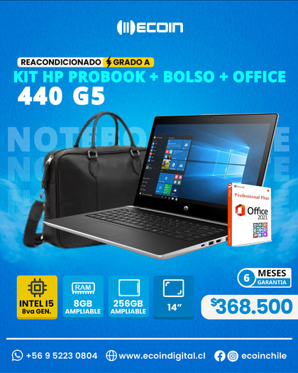KIT NOTEBOOK HP PROBOOK 440 G5 14” + BOLSO + OFFICE 2021 (i5-8va 8Gb 256GB SSD) Reacondicionado Grado A