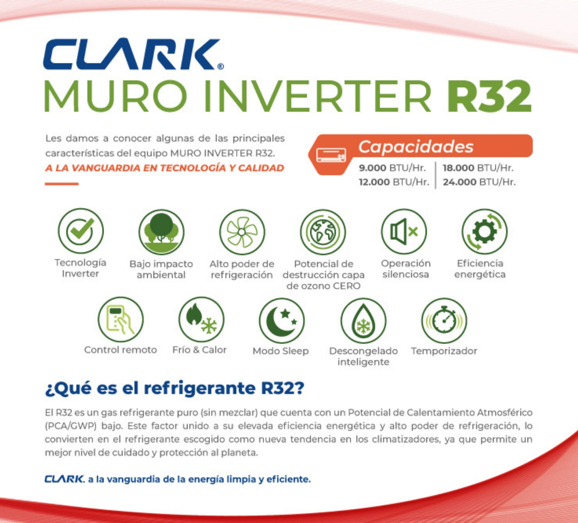 Aire Acondicionado Split Clark Frío Calor - 12.000 BTU Inverter WiFi Refrigerante R32 - NUEVO