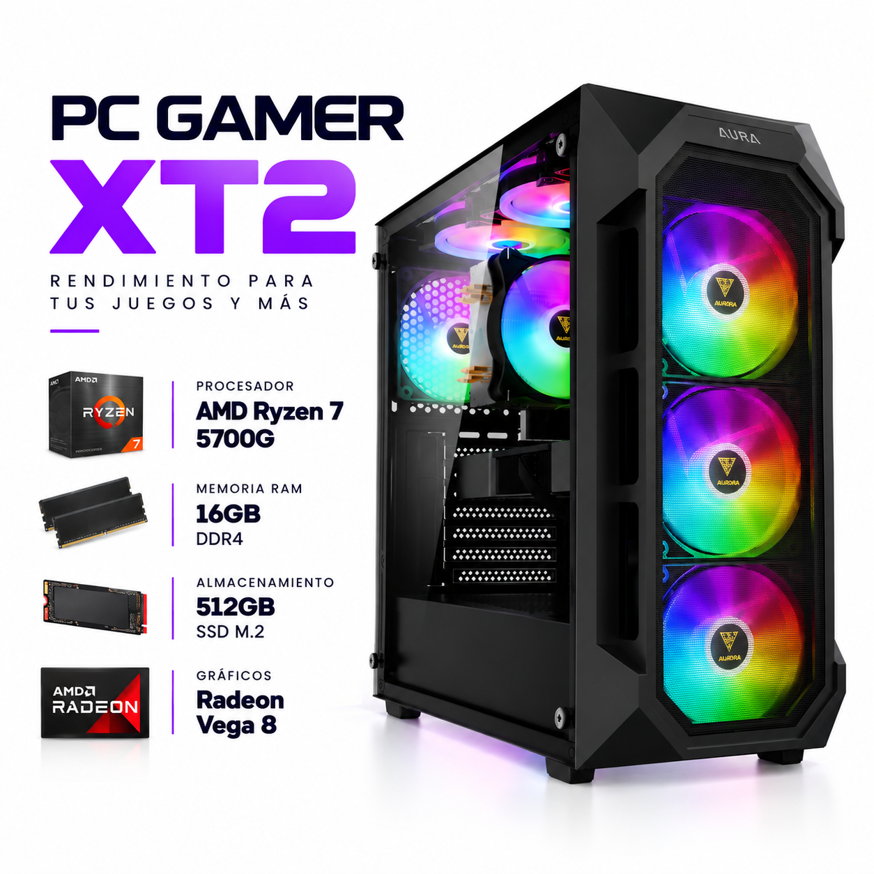 PC Gamer XT2 (AMD Ryzen 7 5700G 16GB DDR4 512GB SSD M.2 + Radeon
