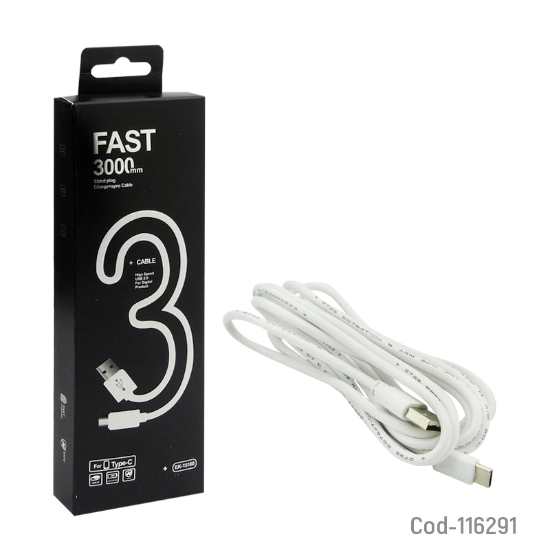 Cable USB Type-C De 3 Metros, Fast Charge Y Data