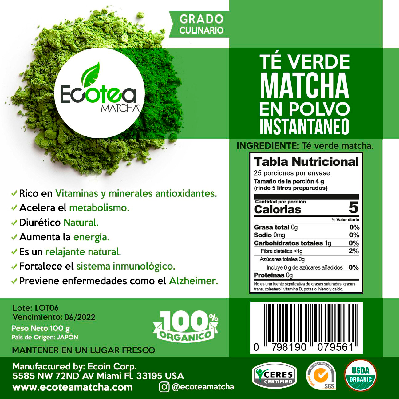 Ecotea Matcha Te Verde Japones Culinario Usda Organico 100g
