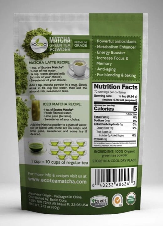 Ecotea Matcha Te Verde Japones Premium Usda 60g 72 Tazas