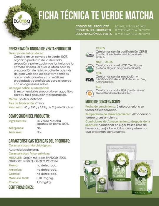 Ecotea Matcha Te Verde Japones Premium Usda 60g 72 Tazas